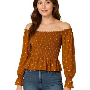Heart & Hips Floral Smocked Off The Shoulder Blouse Mustard Yellow Orange Medium